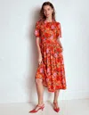 Boden Louisa Jersey-midikleid-knallrot, Kaskadenartige Dahlien In Orange