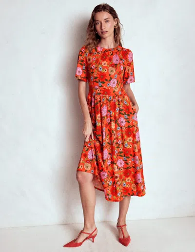 Boden Louisa Jersey-midikleid-knallrot, Kaskadenartige Dahlien In Orange