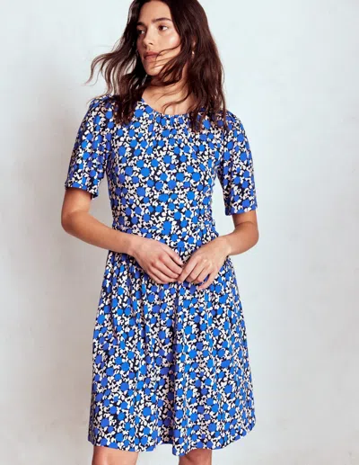 Boden Louisa Short Jersey Dress Kingfisher Blue, Floweret Vine