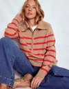 Boden Lucy Half Zip Sweater Camel Melange, Red Stripe  In Multi