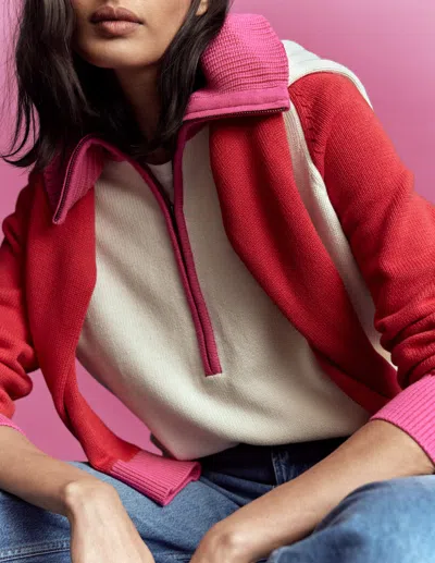 Boden Lucy Half Zip Sweater Warm Ivory, Red  In Pink