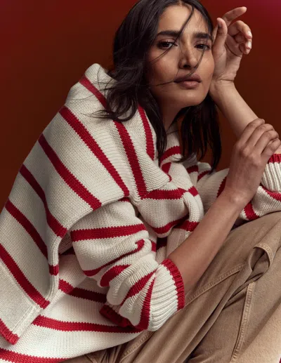 Boden Lucy Oversized Cotton Jumper Ivory, Red Stripe  In White