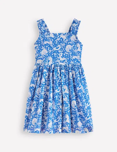 Boden Kids' Luna Frill Strap Woven Dresskingfisher Blue Kitten Meadow Girls