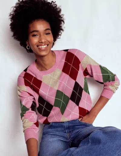 Boden Lydia Cashmere Jumper Pink, Brown And Green Argyle