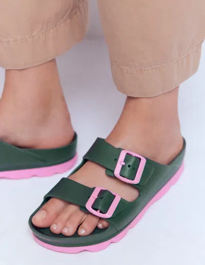 Boden Lyla Double Buckle Sliders Khaki/pink  In Green