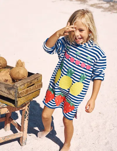 Boden Kids' Mara Towelling Throw On Bright Blue Fruit Stripe Girls