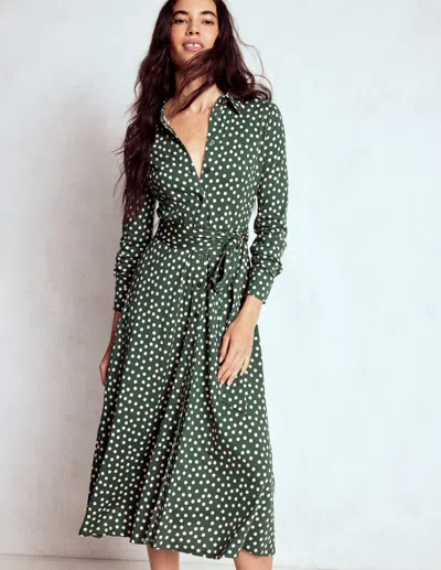 Boden Marcia Jersey Shirt Dress Hunter Green, Painted Dot  In Brown