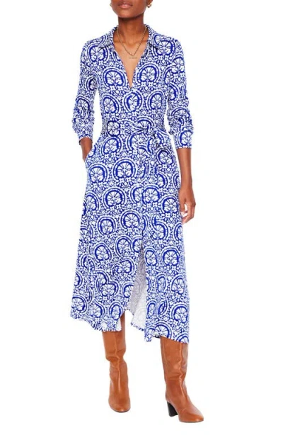 Boden Marcia Stamp Print Long Sleeve Jersey Shirtdress In Bright Blue, Elaborate Stamp