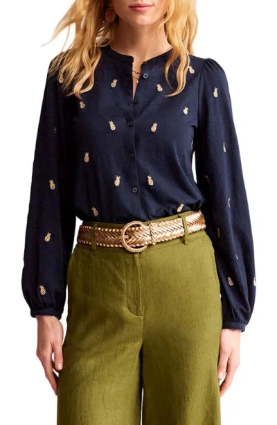 Boden Marina Embroidered Button-up Shirt In Navy Pineapple