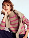 Boden Marion Merino Rib Neck Sweater Camel, Brilliant Pink Stripe  In Pink