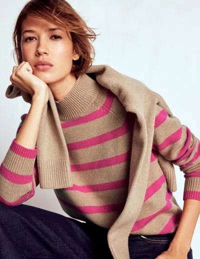 Boden Marion Merino Rib Neck Sweater Camel, Brilliant Pink Stripe