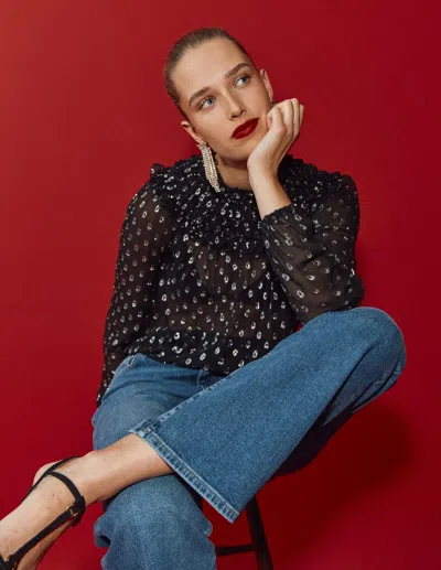 Boden Metallic Ruffle Collar Top Black, Lurex Clip