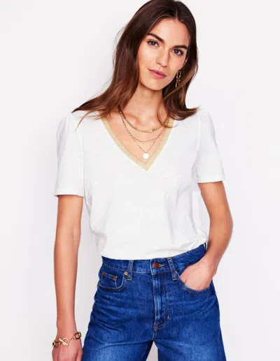 Boden Metallic Trim V Neck T Shirt White Women