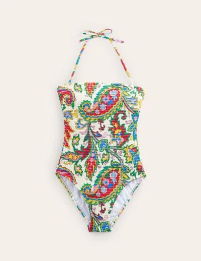 Boden Milos Smocked Bandeau Swimsuit Ivory, Paisley Azure Women