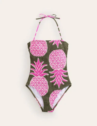 Boden Milos Smocked Bandeau Swimsuit Winter Moss, Pineapple Pop Women  In Pink