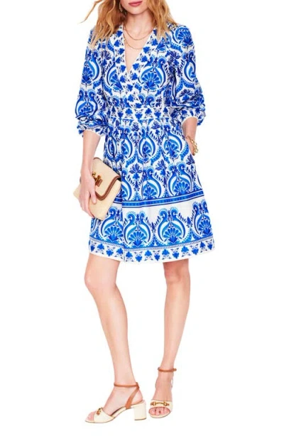 Boden Mya Print Long Sleeve Cotton Dress In Blue, Ornamental Floral