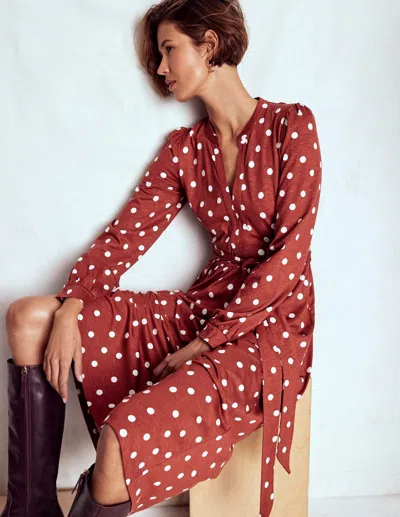 Boden Naomi Long Sleeve Jersey Dress Burnt Orange, Painted Dot  In Brown