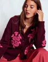 Boden Natalie Embroidered Cardigan Dark Cherry Bouquet  In Burgundy