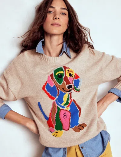 Boden Natalie Pullover Mit Stickerei-haferbeige Melange, Dackel In Multi