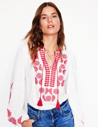 Boden Nia Embroidered Top White, Berry Red Women  In Multi