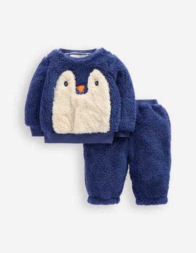 Boden Babies' Novelty Borg Sweatshirt Set Navy Penguin Unisex  In Blue
