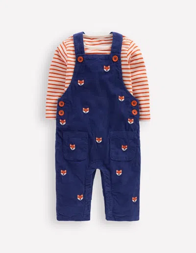 Boden Babies' Novelty Cord Dungaree Set Navy Fox Embroidery  In Blue
