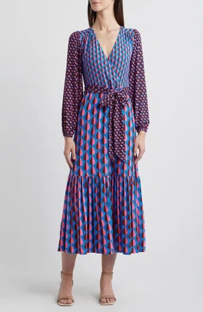 Boden Ophelia Mix Print Long Sleeve Faux Wrap Dress In Multi/ Raindrop Geo