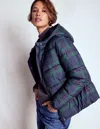 Boden Padded Puffer Coat Navy & Green Tonal Check  In Blue