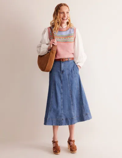 Boden Panelled Full Denim Skirtmid Vintage Women  In Blue