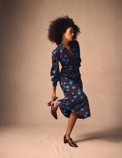 Boden Pip Zip Up Ponte Midi Dress French Navy, Garden Blossom  In Multi