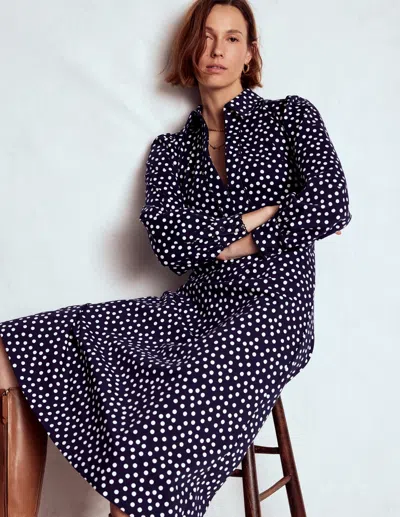 Boden Pip Zip Up Ponte Midi Dress French Navy, Painted Dot  In Blue
