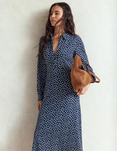 Boden Pip Zip Up Ponte Midi Dress French Navy, Painted Dot  In Blue