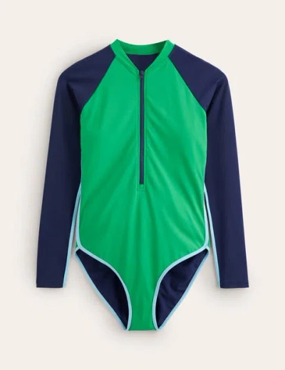 Boden Piped Raglan Sleeve Swimsuit Navy/ Green Colourblock Women