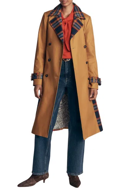 Boden Plaid Accent Double Breasted Cotton Trench Coat In Brown