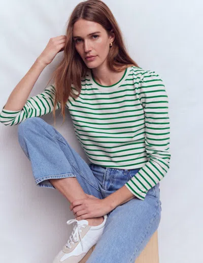 Boden Pleat Sleeve Stripe Top Jewel Green And Ivory Stripe