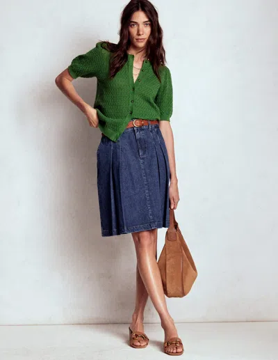 Boden Pleated Denim Skirt Mid Wash Women  In Blue