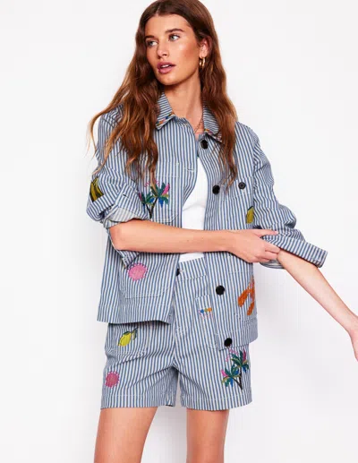 Boden Pocket Front Denim Shortsticking Stripe Embroidery Women