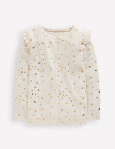 Boden Kids' Pointelle-oberteil Mit Rüschenärmeln-sanftes Naturweiss In White