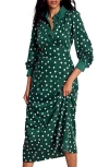 Boden Polka Dot Empire Waist Long Sleeve Dress In Green