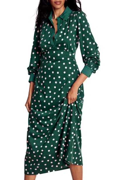 Boden Polka Dot Empire Waist Long Sleeve Dress In Green