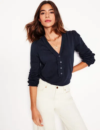 Boden Poppy Ruffled Henley Top-navy Female  In Blue