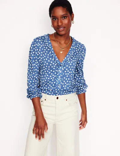 Boden Poppy Ruffled Henley Topblue River, Abstract Spot Women  In Blue