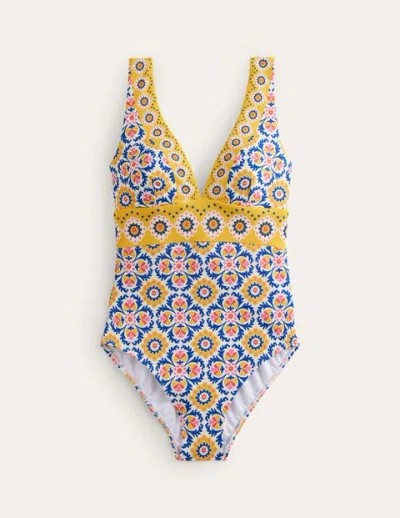 Boden Porto V-neck Swimsuit Artisan Gold, Mosaic Tile Women  In Blue