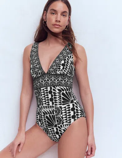 Boden Porto V Neck Swimsuit Black, Geo Stamp  In Green