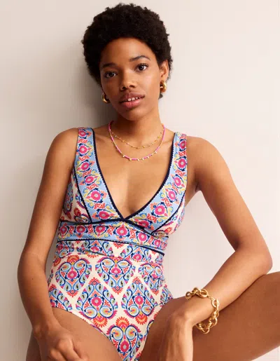Boden Porto V Neck Swimsuit Ivory, Flora Stamp Women  In Multi