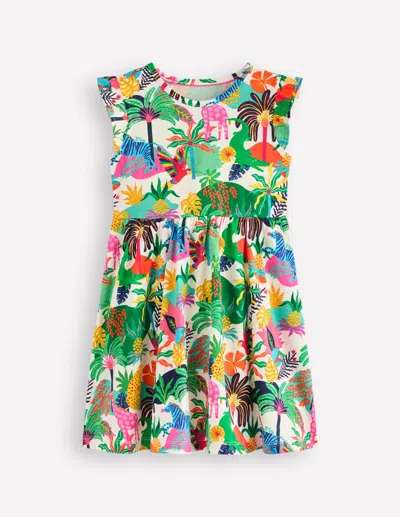 Boden Kids' Posie Frill Sleeve Dresssoft Ivory Multi Jungle Girls
