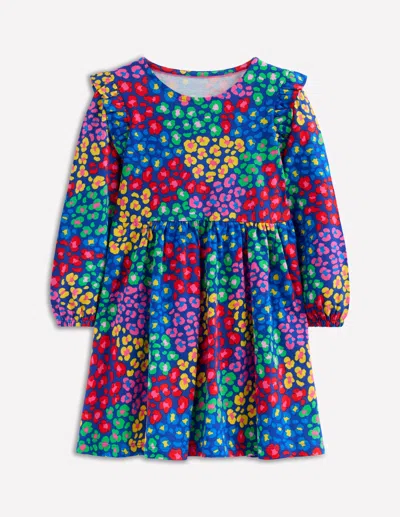 Boden Kids' Posie Long Sleeve Jersey Dress Bright Blue Rainbow Leopard  In Multi