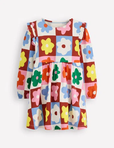 Boden Kids' Posie Long Sleeve Jersey Dress Multi Flower Check