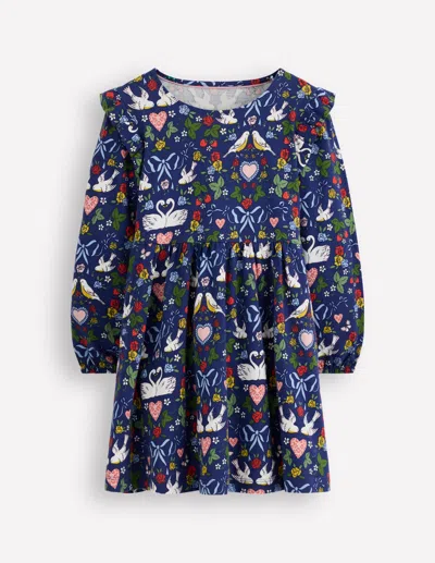 Boden Kids' Posie Long Sleeve Jersey Dress Starboard Blue Lovebirds