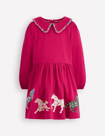 Boden Kids' Pretty Appliqué Jersey Dress Cherry Jam Horses  In Pink